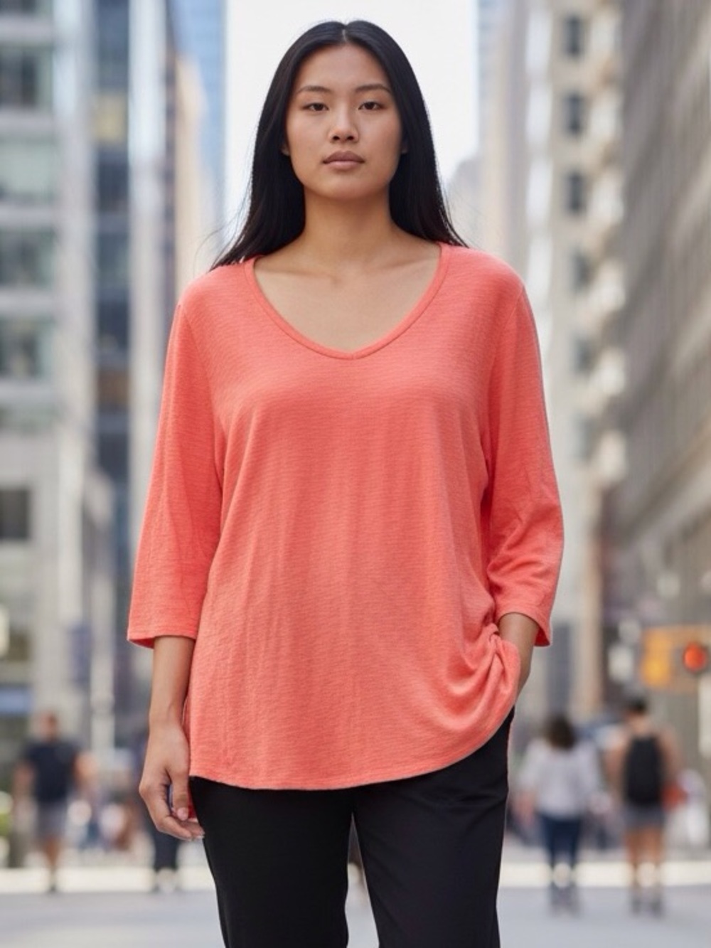 Chico’s Travelers Coral V-Neck Top Size 3 XL 3/4 Sleeve Knit Tee